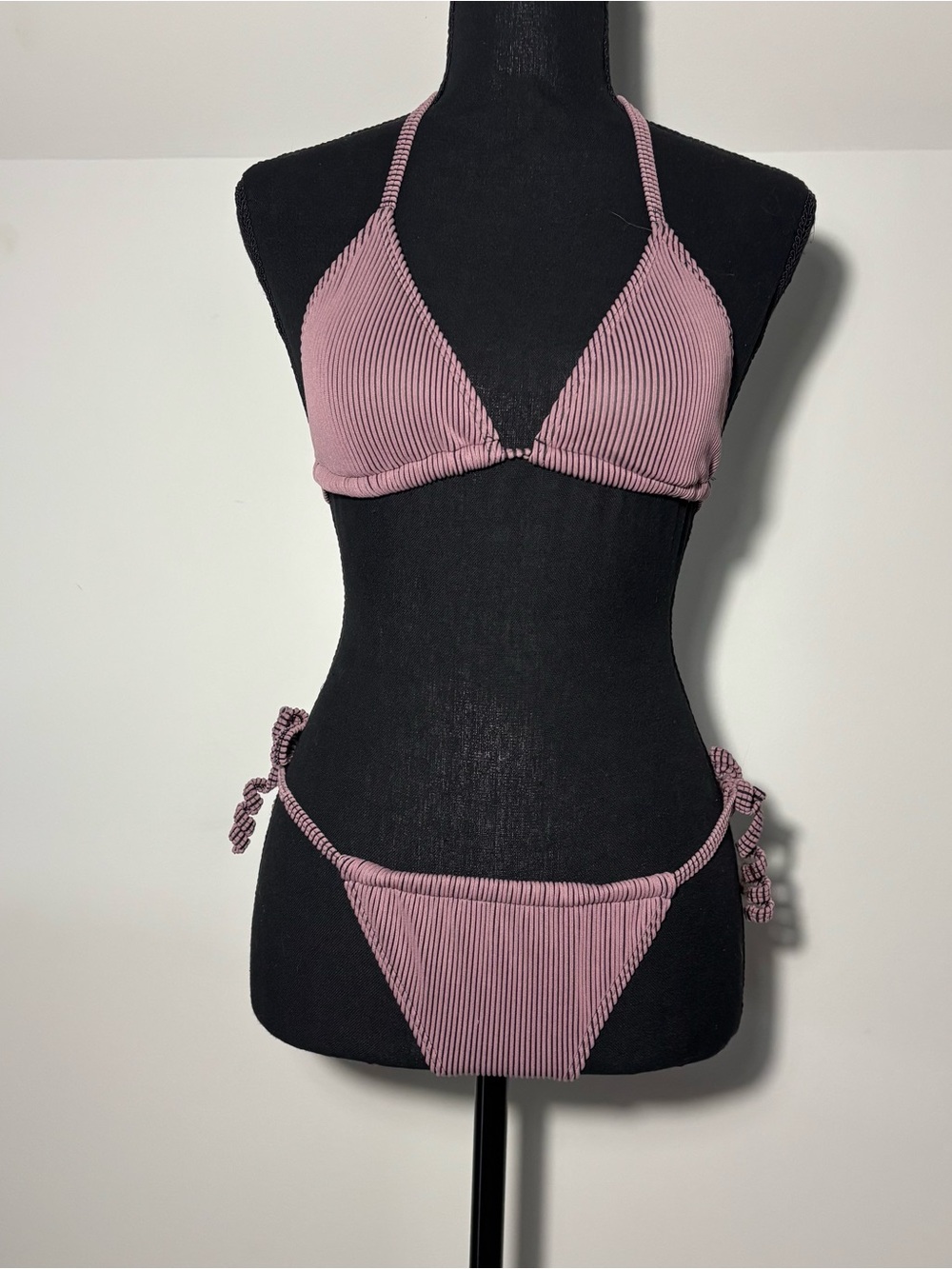 SHEIN Mauve Ribbed Triangle String Bikini Set